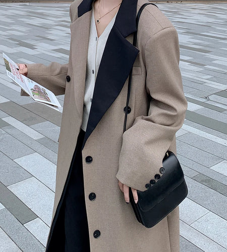 Women Khaki Color-block Big Size Long Elegant Blazer New Lapel Long Sleeve Jacket Fashion Tide Spring Autumn 2025 1DH9721