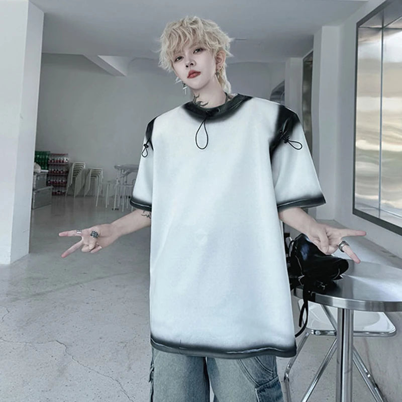 Men's T-shirts New Summer Round Neck Spray Painting Drawstring Decoration Loose Male Short Sleeve Causal Clothing 9W1796