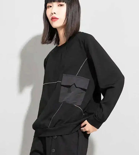 Women Black Topstitched Big Size Casual T-shirt New Round Neck Long Sleeve Fashion Tide Spring Autumn 2025 1DE4952