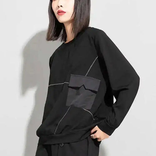 Load image into Gallery viewer, Women Black Topstitched Big Size Casual T-shirt New Round Neck Long Sleeve Fashion Tide Spring Autumn 2025 1DE4952
