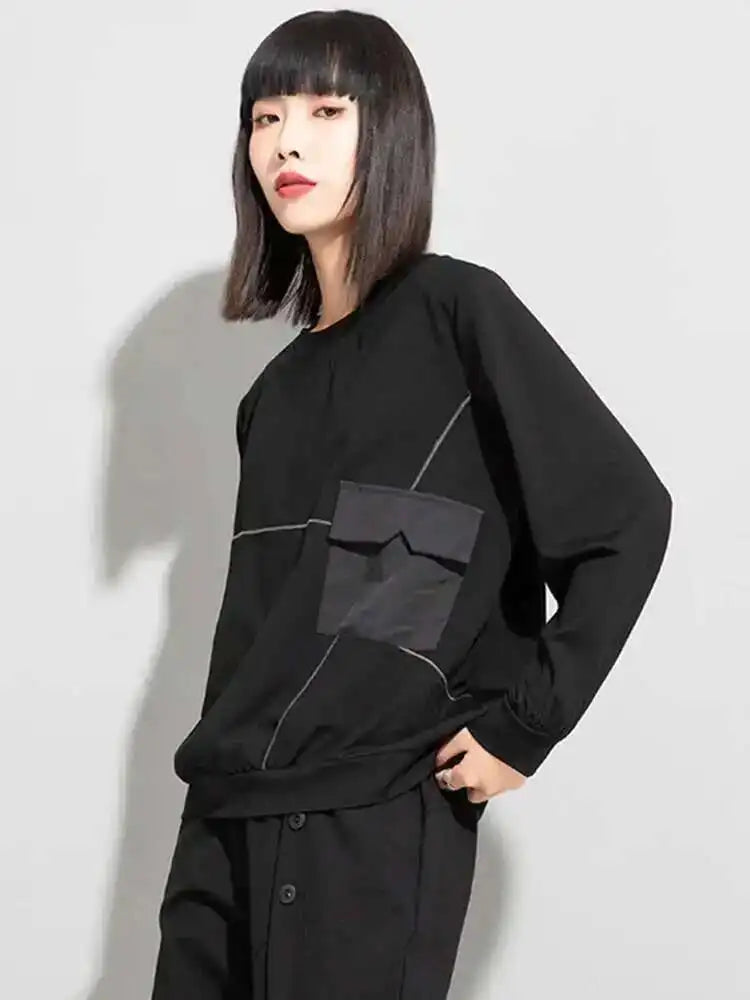 Women Black Topstitched Big Size Casual T-shirt New Round Neck Long Sleeve Fashion Tide Spring Autumn 2025 1DE4952