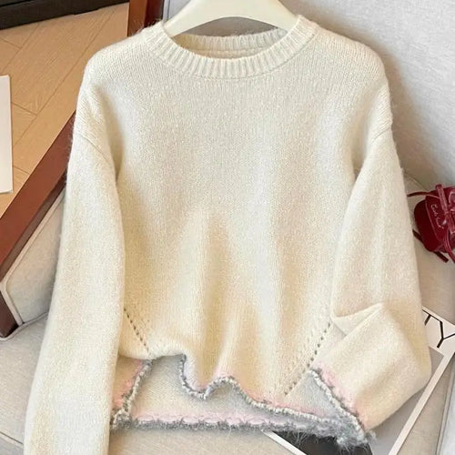 Load image into Gallery viewer, French Fashion Autumn Winter Beige Red Patchwork Elegant Short Sweater Women's 2024 New Grey Round Neck Long Sleeved Knitted Top
