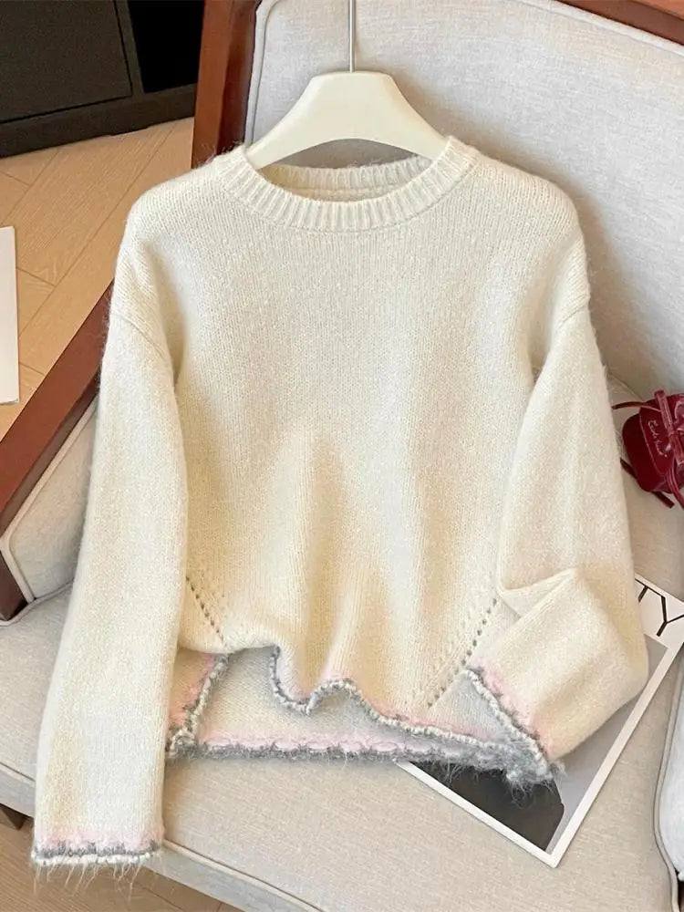 French Fashion Autumn Winter Beige Red Patchwork Elegant Short Sweater Women's 2024 New Grey Round Neck Long Sleeved Knitted Top