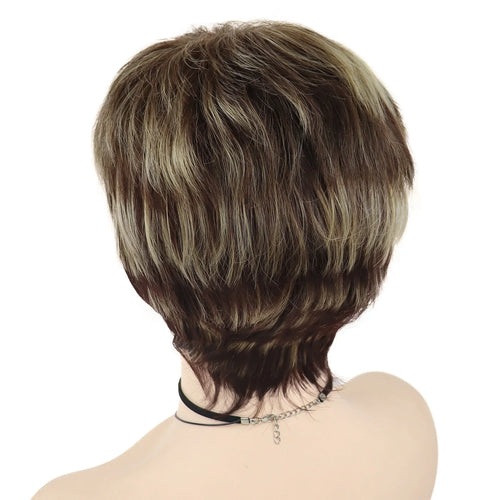 Load image into Gallery viewer, Synthetic Short Pixie Cut Wig Women Natural Hairstyle Bangs Wig Blonde Mix Brown Soft Straight Wig for Chemo Patient
