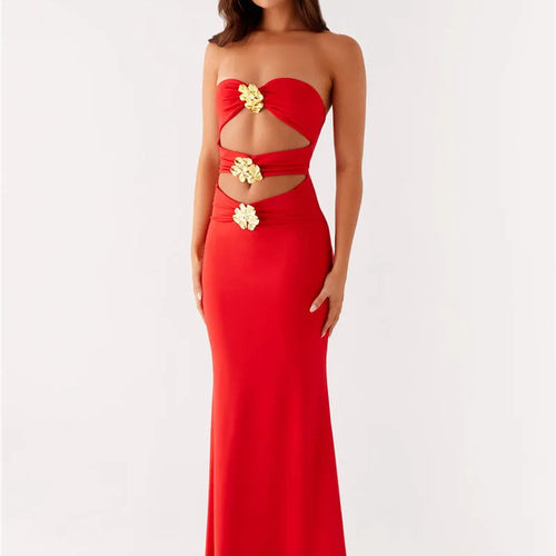 Load image into Gallery viewer, Metal Rose Hollow Out Sexy Maxi Dress Women Beach Holiday Gown Strapless Off-shoulder Backless Bodycon Club Long Dress
