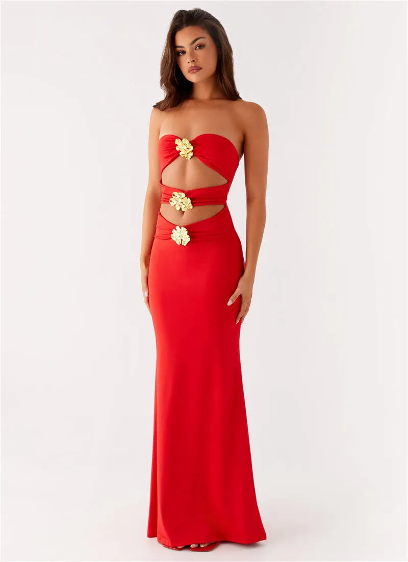 Metal Rose Hollow Out Sexy Maxi Dress Women Beach Holiday Gown Strapless Off-shoulder Backless Bodycon Club Long Dress