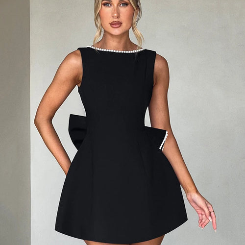 Load image into Gallery viewer, Pearl Bow Backless Sexy Mini Dress For Women Robe Fashion Zipper Sleeveless High Waist A-line Club Party Dress Elegant
