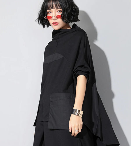 Women Black Loose Pocket Irregular Hem Big Size T-shirt New Turtleneck Long Sleeve Fashion Tide Spring Autumn 2025 JQ01801