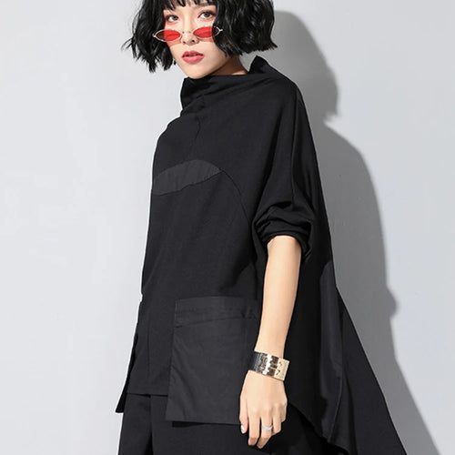 Load image into Gallery viewer, Women Black Loose Pocket Irregular Hem Big Size T-shirt New Turtleneck Long Sleeve Fashion Tide Spring Autumn 2025 JQ01801
