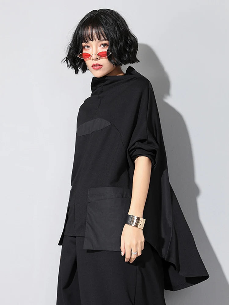 Women Black Loose Pocket Irregular Hem Big Size T-shirt New Turtleneck Long Sleeve Fashion Tide Spring Autumn 2025 JQ01801