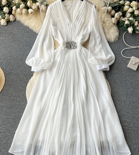 French Women Solid V Neck Diamond Elegant High Waist Pleated Dresses Autumn Winter Slim Long Sleeve Holiday Dress Ladies Popular