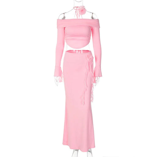 Load image into Gallery viewer, Elegant Halter 3D Flower Two Piece Sets Women Fashion Off-shoulder Tops And Maxi Skirt Matching Sets Bodycon Sexy Dress
