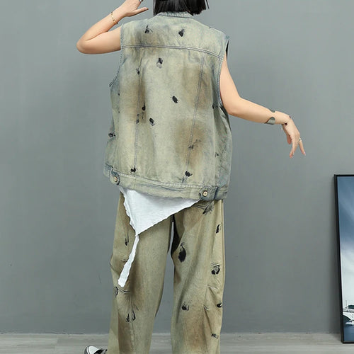 Load image into Gallery viewer, Big Size Denim Vest Wide Leg Pants Two Piece Suit New Round Neck Sleeveless Women Fashion Tide Spring Autumn 2025 1DJ0966
