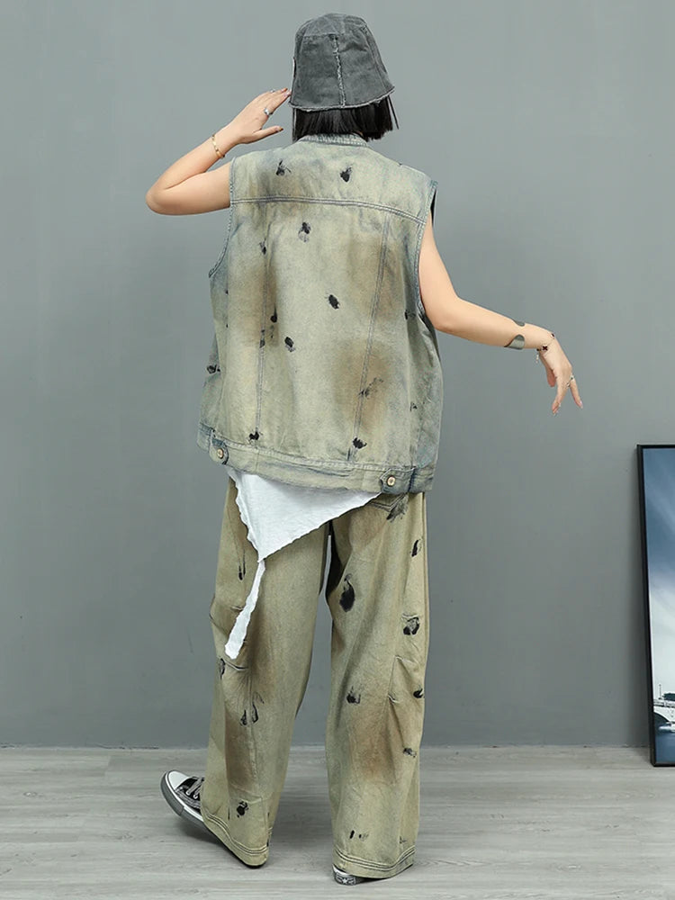 Big Size Denim Vest Wide Leg Pants Two Piece Suit New Round Neck Sleeveless Women Fashion Tide Spring Autumn 2025 1DJ0966