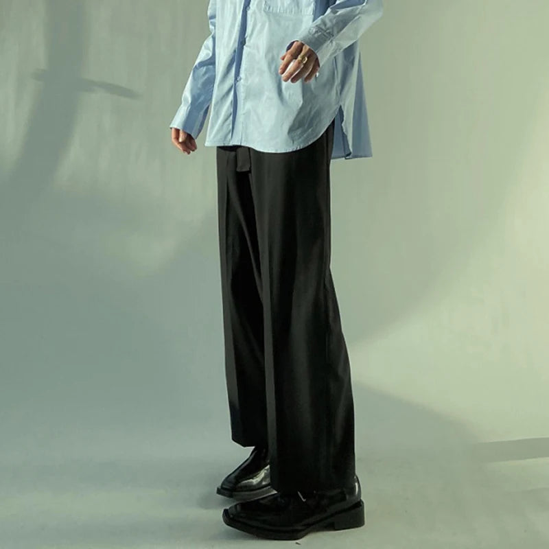 Simple Men's Suit Pants Pleated Belt Solid Color Droop High Waist Trousers Straight Wide Leg Loose Male Bottom New 9C9238