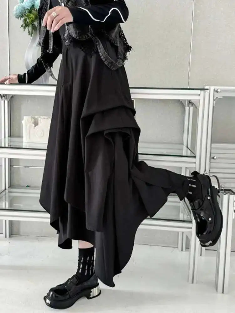 High Waist Black pleated Irregular A-line Half-body Skirt Women Loose Fit Fashion Tide New Spring Autumn 2025 1DH4346