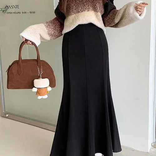 Load image into Gallery viewer, Korean Fashion Black High Waist Women Vacation Wrapped Hip Long Skirt Autumn Winter Brown Fishtail Skirts Trendy Streetwear Chic
