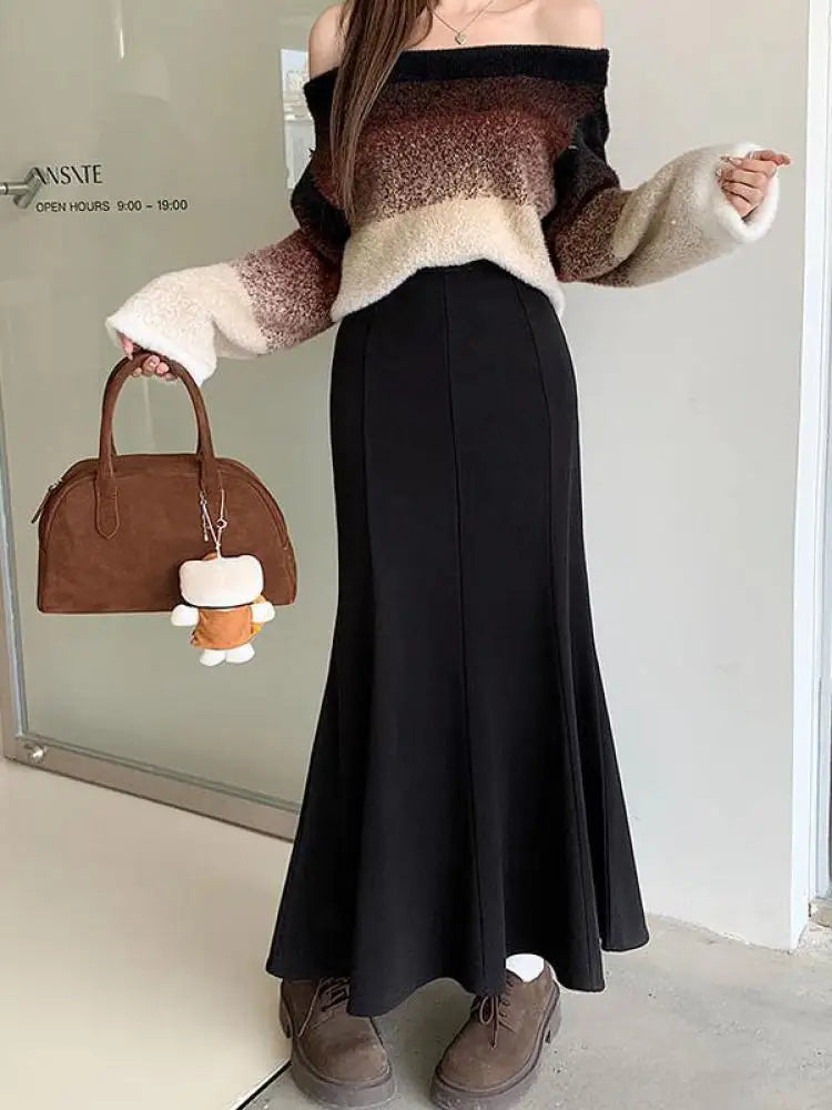 Korean Fashion Black High Waist Women Vacation Wrapped Hip Long Skirt Autumn Winter Brown Fishtail Skirts Trendy Streetwear Chic
