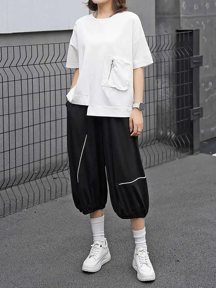 Women White Irregular Pocket Big Size Casual T-shirt New Round Neck Short Sleeve Fashion Tide Spring Summer 2025  1DJ0620