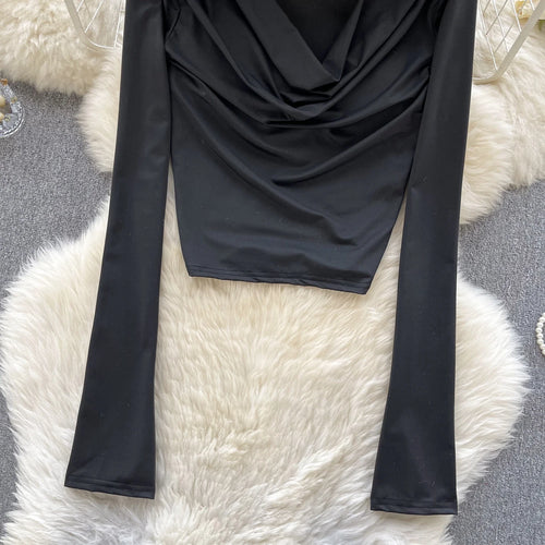 Load image into Gallery viewer, Black Casual Street Style Slim Long Sleeved Ruched Hooded T-shirt Women's Simple Basic Pullover Cropped Tops Fashion Popular New
