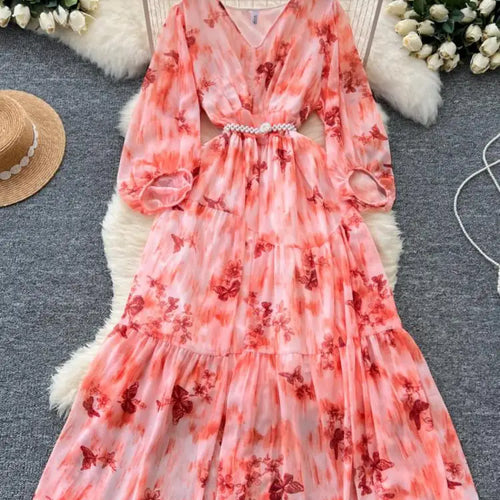 Load image into Gallery viewer, French Women Vintage Sweet Printed Birthday Evening Party Long Dresses Autumn New V Neck  Lantern Sleeves Pleated Dress Bohemian
