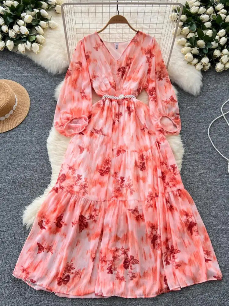 French Women Vintage Sweet Printed Birthday Evening Party Long Dresses Autumn New V Neck  Lantern Sleeves Pleated Dress Bohemian