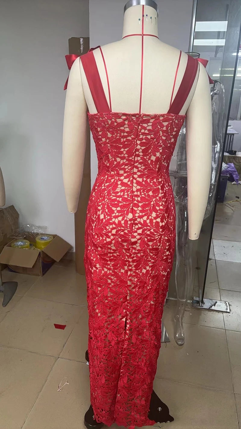 Bows Lace Sexy Maxi Dress For Women Fashion Sleeveless Backless Bodycon New Year's Birthday Club Party Long Dress