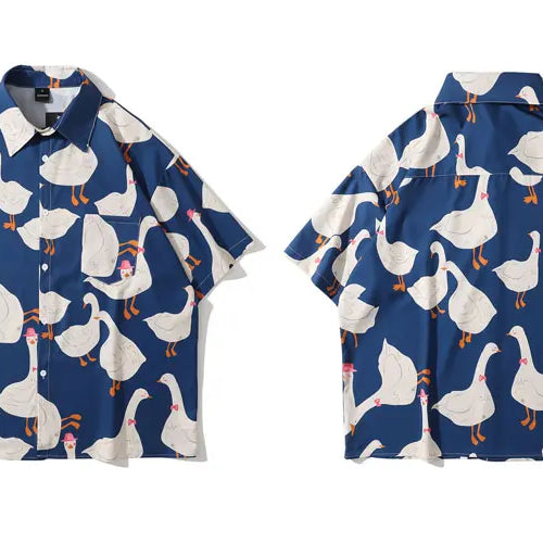 Load image into Gallery viewer, Summer Hawaiian Shirts Funny Retro Duck Print Short Sleeve Pocket Tropical Beach Shirts Harajuku Fashion Loose Button Up Shirt
