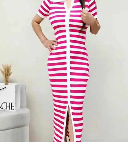 Korean Fashion Black Green Rose Red Stripe Patchwork Knitted Long Dress Women Summer Elegant Slim Short Sleeve Split Dress Trend