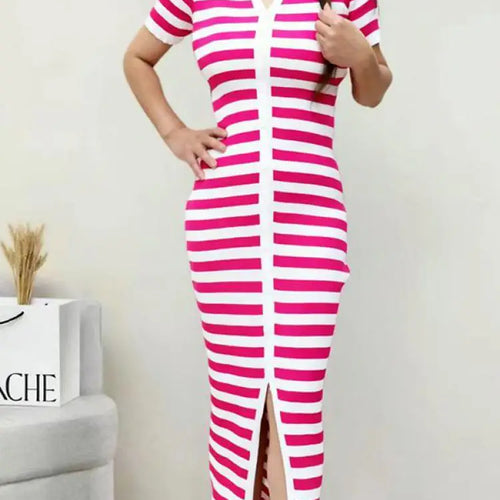 Load image into Gallery viewer, Korean Fashion Black Green Rose Red Stripe Patchwork Knitted Long Dress Women Summer Elegant Slim Short Sleeve Split Dress Trend
