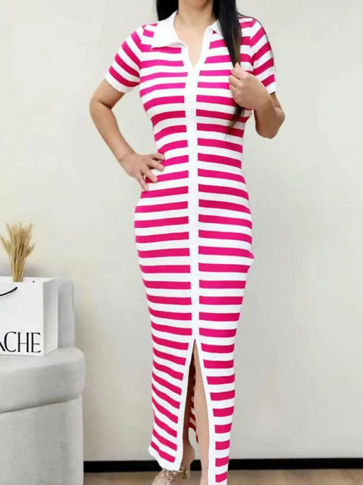 Korean Fashion Black Green Rose Red Stripe Patchwork Knitted Long Dress Women Summer Elegant Slim Short Sleeve Split Dress Trend