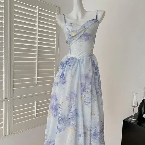 Load image into Gallery viewer, Summer French Blue Pink Flower Slim Backless Slip Long Dress Women Vintage Elegant Sexy Sleeveless High Waist Party Dress Ladies
