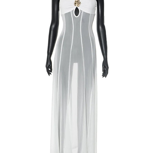 Load image into Gallery viewer, See Through Spaghetti Strap Sexy Maxi Dress For Women Gown Summer New Metal Buckle Sleeveless Backless Beach Long Dress
