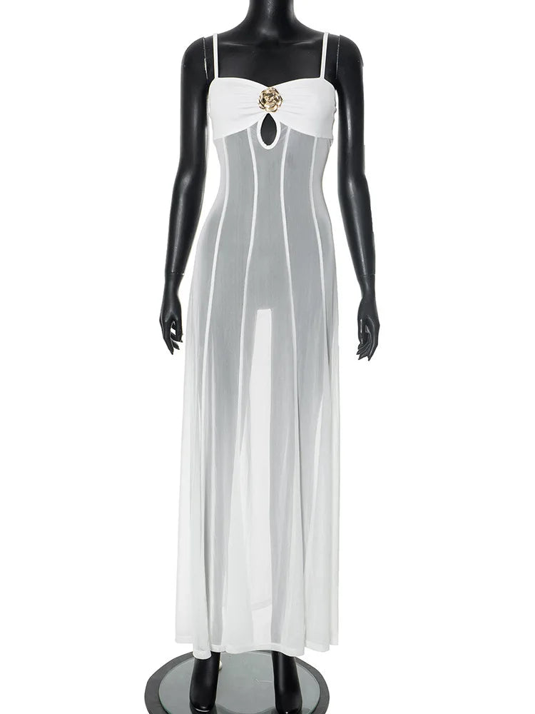 See Through Spaghetti Strap Sexy Maxi Dress For Women Gown Summer New Metal Buckle Sleeveless Backless Beach Long Dress