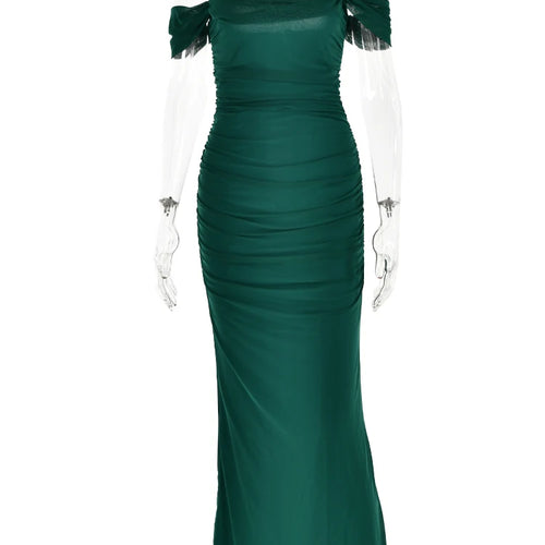 Load image into Gallery viewer, Sexy One Line Neck Mesh Pleated Dress Women Bodycon Backless Elegant Party Club Evening Vestidos Slim Maxi Long Dress
