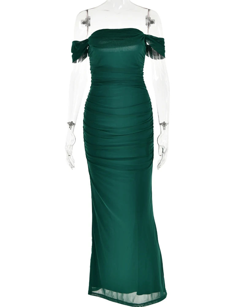 Sexy One Line Neck Mesh Pleated Dress Women Bodycon Backless Elegant Party Club Evening Vestidos Slim Maxi Long Dress