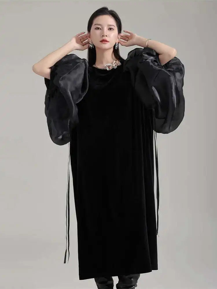 Women Black Organza Velvet Elegnat Big Size Dress New Round Neck Long Puff Sleeve Fashion Tide Spring Autumn 2025 1DH2248
