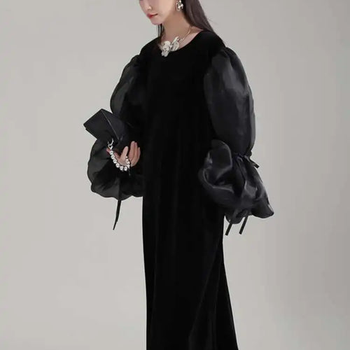 Load image into Gallery viewer, Women Black Organza Velvet Elegnat Big Size Dress New Round Neck Long Puff Sleeve Fashion Tide Spring Autumn 2025 1DH2248
