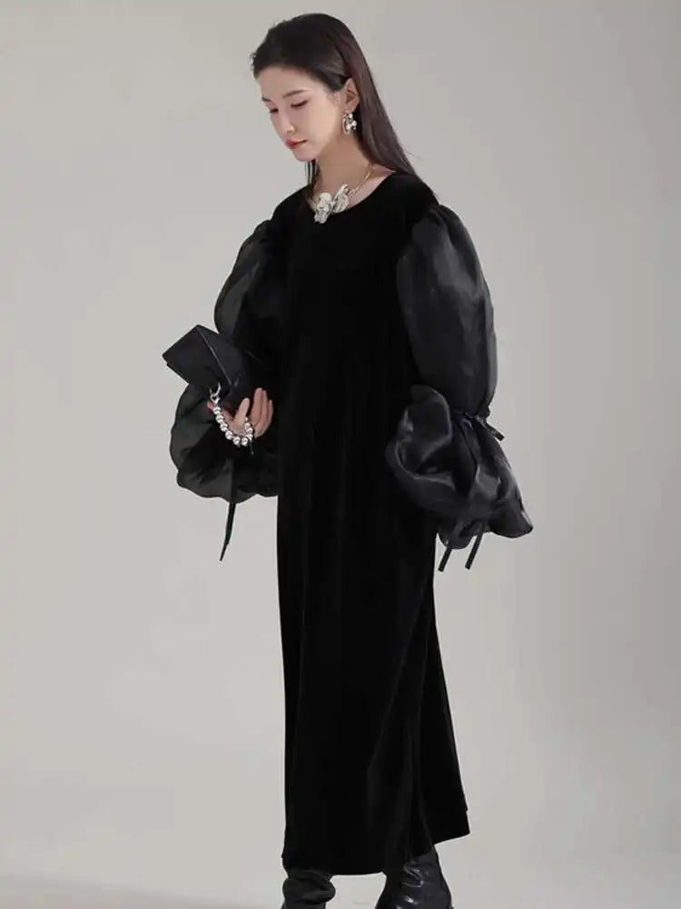Women Black Organza Velvet Elegnat Big Size Dress New Round Neck Long Puff Sleeve Fashion Tide Spring Autumn 2025 1DH2248