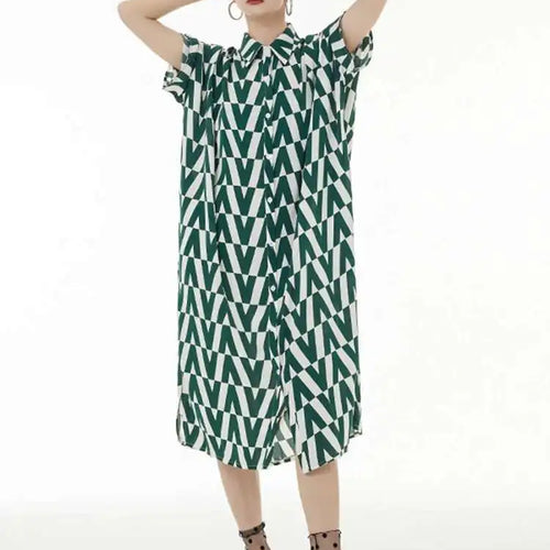 Load image into Gallery viewer, Women Black Pattern Printed Big Size Long Shirt Dress New Lapel Half Sleeve Loose Fit Fashion Spring Summer 2025 1DE9944
