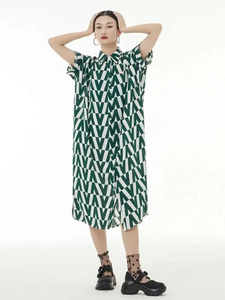 Women Black Pattern Printed Big Size Long Shirt Dress New Lapel Half Sleeve Loose Fit Fashion Spring Summer 2025 1DE9944