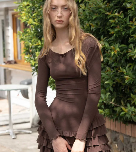 Fashion Long Sleeve Elastic Tight Cake Skirt Dress Women Bodycon Round Neck Mini Short Autumn/Winter New Street Clothing