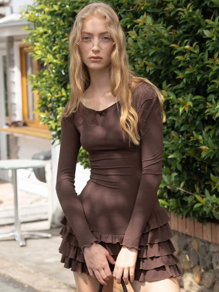 Fashion Long Sleeve Elastic Tight Cake Skirt Dress Women Bodycon Round Neck Mini Short Autumn/Winter New Street Clothing