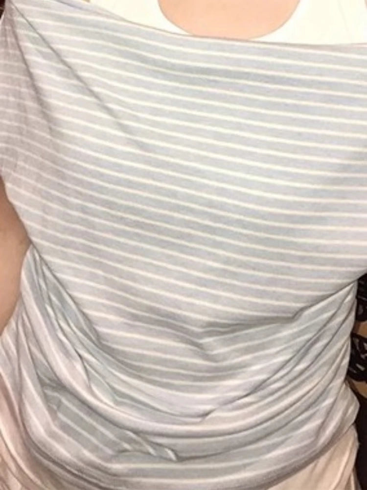 2025 Harajuku Fake Two Pieces Stripe T-shirt Women Y2k Aesthetic Halter Patchwork Grunge Tees Streetwear Casual Pleated Tshirts