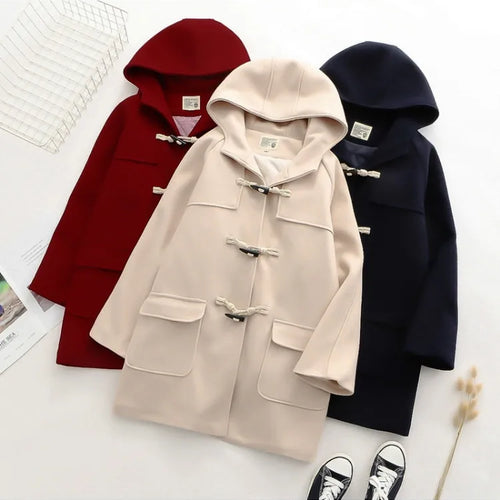 Load image into Gallery viewer, Solid Women Long Wool Blends Winter Loose Warm Coat Hooded  s Office Work Wear Horn Button Legant
