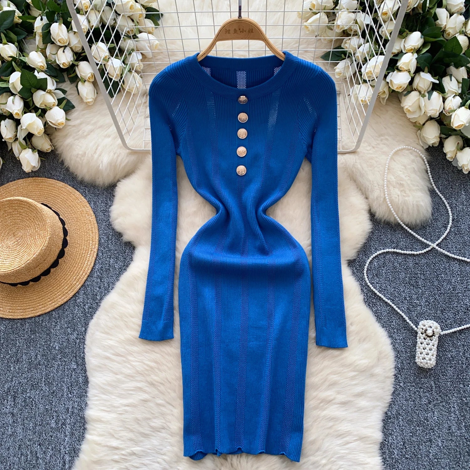 Retro 2024 Autumn Winter New Solid Long Sleeves Mini Dress Women's Elegant Office Lady Button Short Knit Dress Popular Clothing