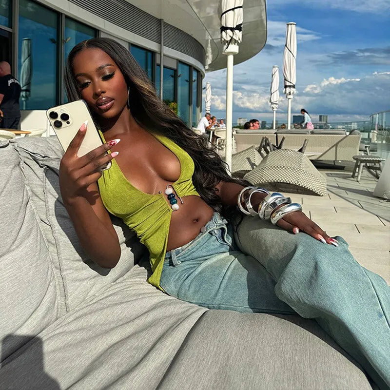 Halter V Neck Sexy Crop Tops Women Fashion Sleeveless Backless Ruched Tank Tops Female Solid Fashion Club Tops Elegant