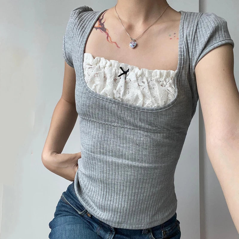 Korean Fashion Lace Patched Knit Summer T-shirts Women Bow Square Neck Slim Top Tee Casual Sweet Preppy Style Outfits