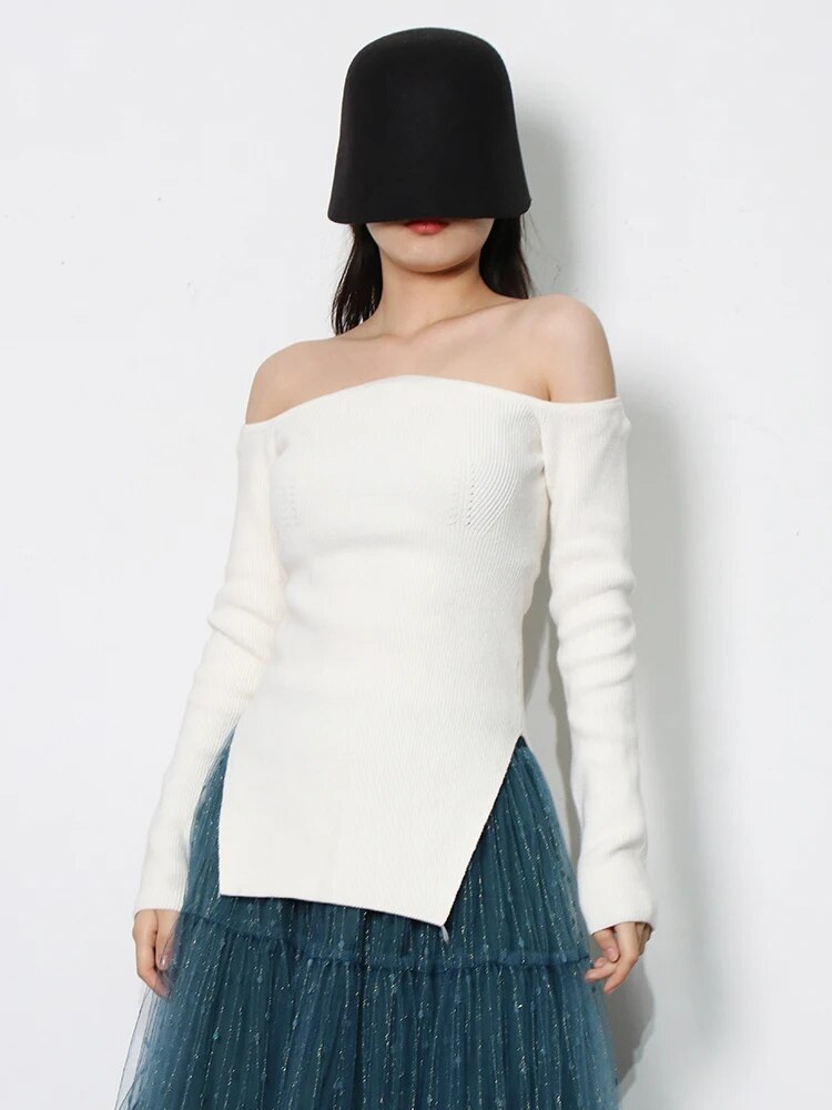 Solid Minimalist Sweater For Women Square Collar Long Sleeve Slim Knitting Pullover Female Fashion Clothing
