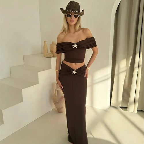 Load image into Gallery viewer, Sleeveless Sexy Skirt Two Pieces Sets Women Off-shoulder Crop Tops And Elegant Thigh Split Long Skirt Two Pieces Sets
